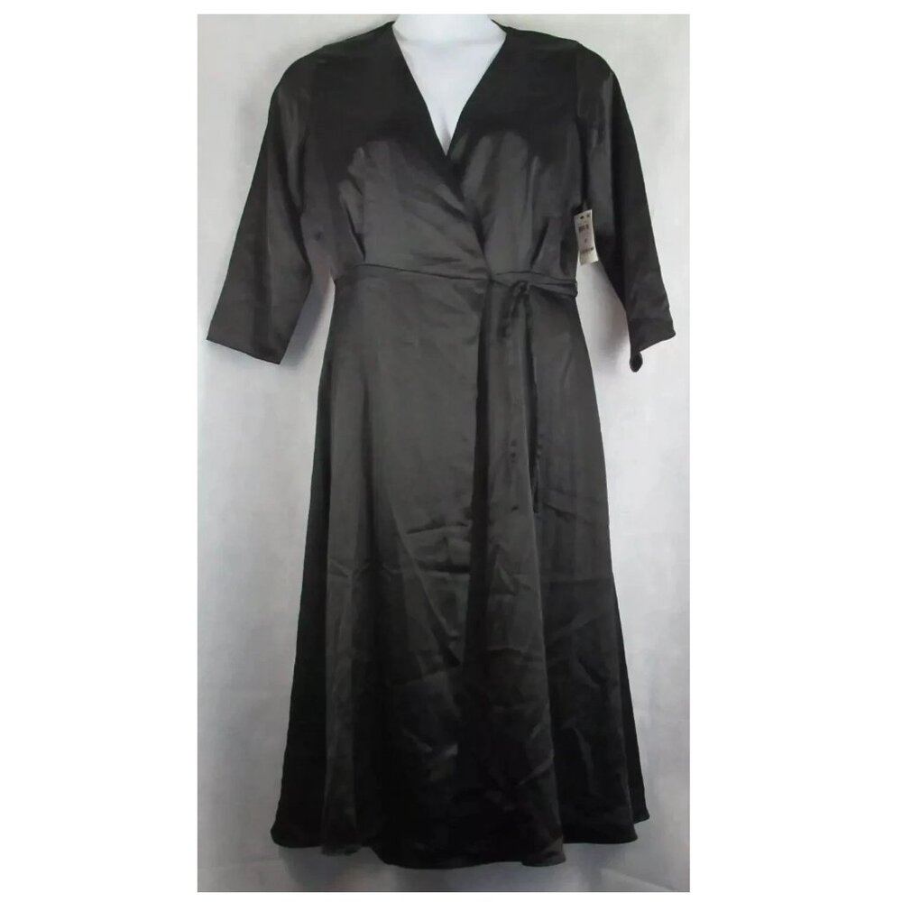 Alfani Women's 3/4-Sleeve Satin Surplice Dress, Black, Size 10